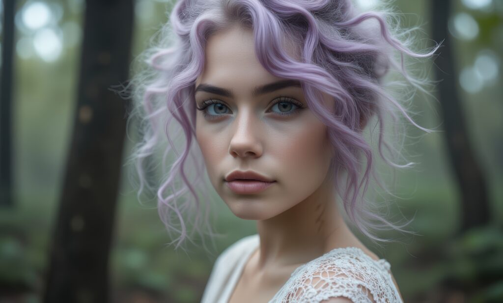 young woman with lavender curls