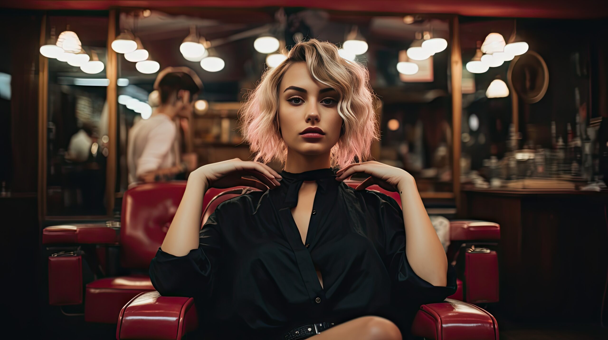 beauty salon, female hairdresser doing hairstyle for young woman