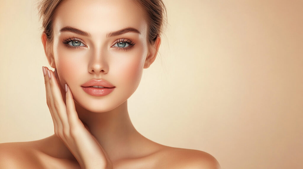 stunning beauty portrait showcasing flawless skin, elegant makeup, and a gentle touch, evoking a sense of serene confidence and timeless grace.